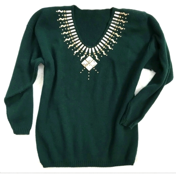 Vintage Emerald Green Rhinestone Long Sweater, winter - Picture 1 of 4
